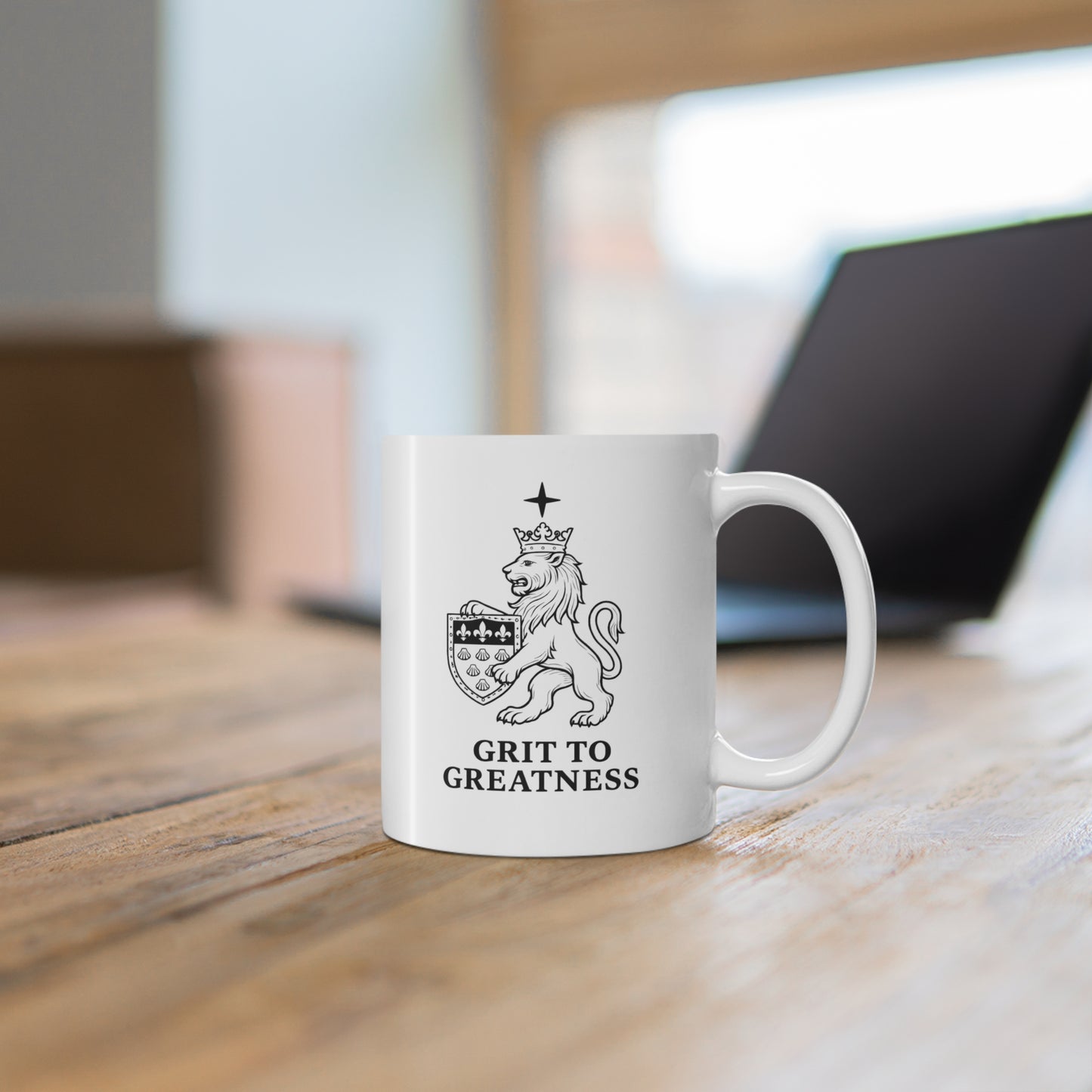 Heraldic Lion with Shield, fleur de lis - Grit to Greatness 11oz Ceramic Coffee Mug medieval inspirational, motivation