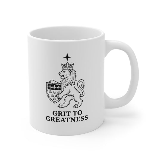 Heraldic Lion with Shield, fleur de lis - Grit to Greatness 11oz Ceramic Coffee Mug medieval inspirational, motivation